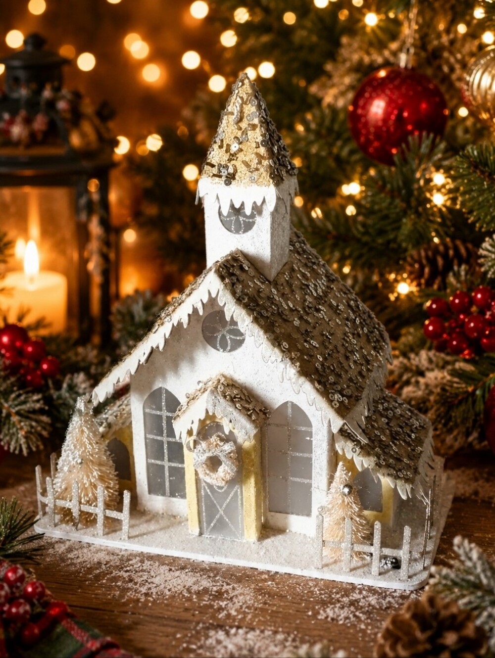 Cardboard Multi-Color Glowing Light Up Glittery Sequins Reprod Christmas Church